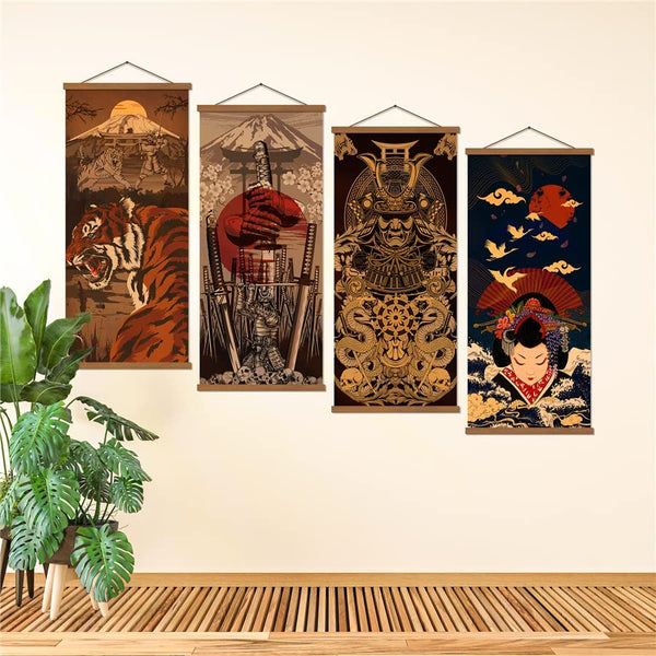 4 Piece Japanese Warrior Canvas Samurai Wall Art Print Poster Artwork Home Decorations 16”x35”